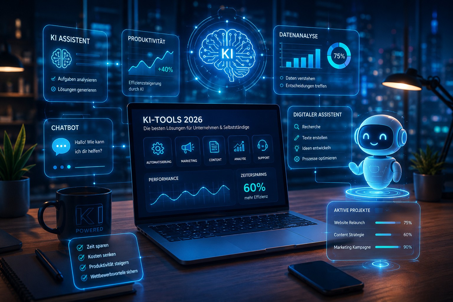 Die besten KI-Tools 2026 für Unternehmen und Selbstständige – Übersicht moderner KI-Anwendungen für Marketing, Content und Produktivität.