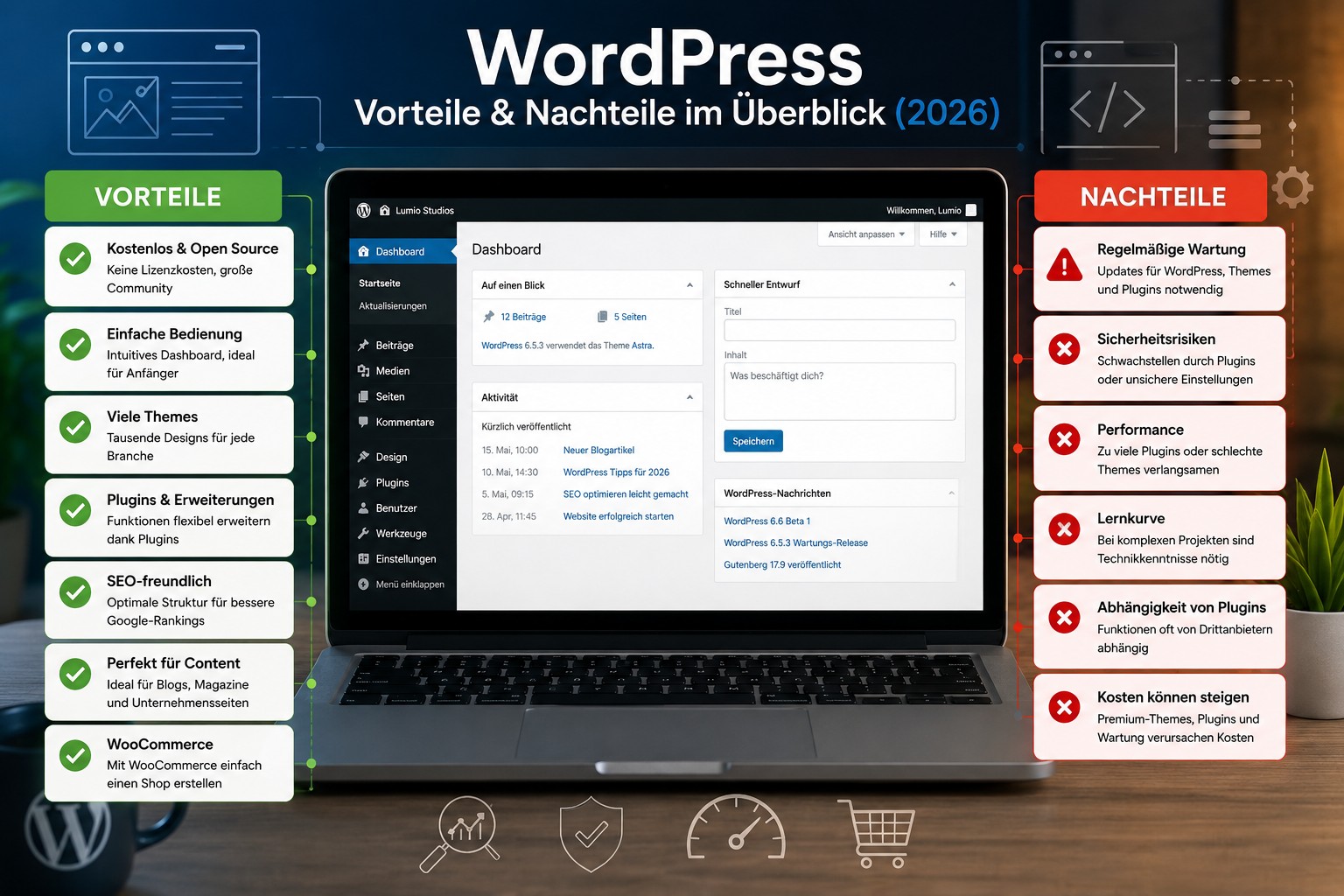 WordPress Vorteile und Nachteile im Vergleich auf einem Laptop mit WordPress-Dashboard.