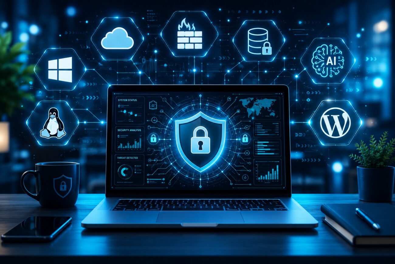 IT-Sicherheit einfach erklärt – Laptop mit Firewall, Schloss, Netzwerk und Cybersecurity-Symbolen