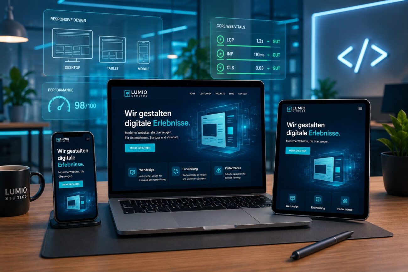 Responsive Webdesign auf Laptop, Tablet und Smartphone mit optimierter mobiler Website-Darstellung.