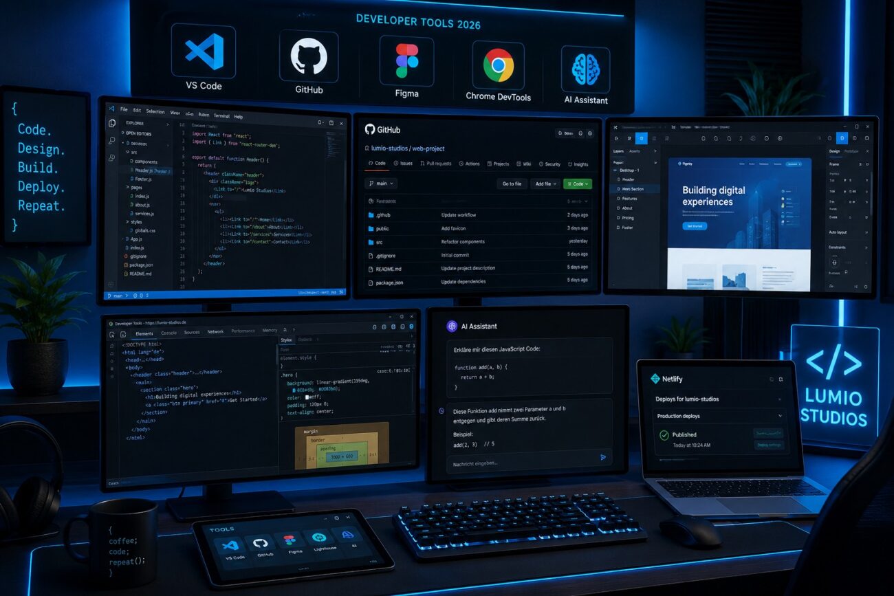 Kostenlose Tools für Webentwickler 2026 mit VS Code, GitHub, Figma und KI-Unterstützung