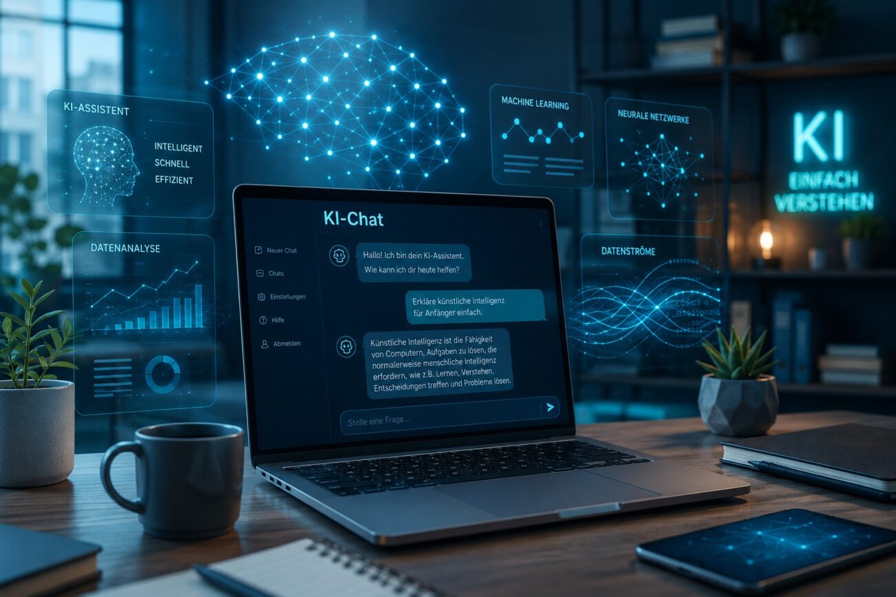 KI für Anfänger – Moderner Arbeitsplatz mit Laptop und künstlicher Intelligenz einfach erklärt