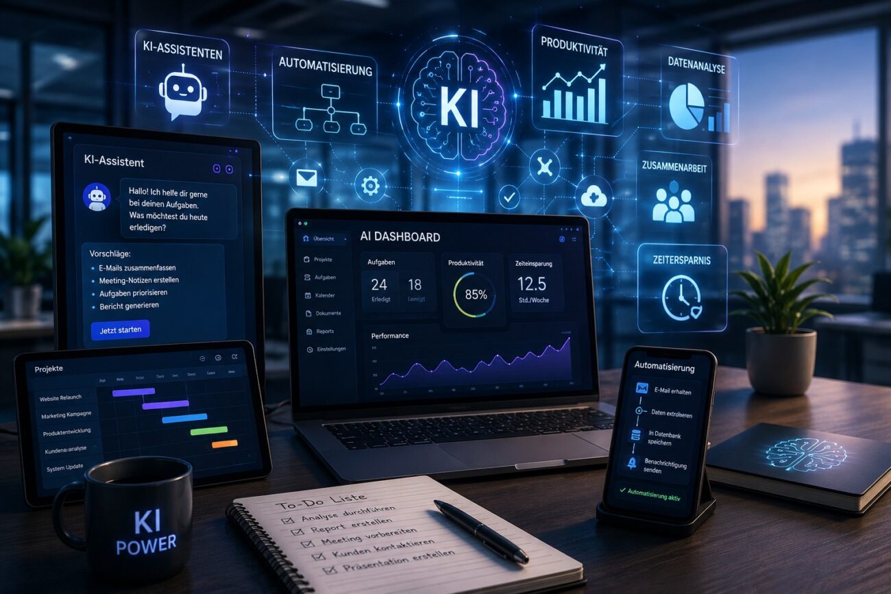 Futuristisches Büro mit KI-Dashboard