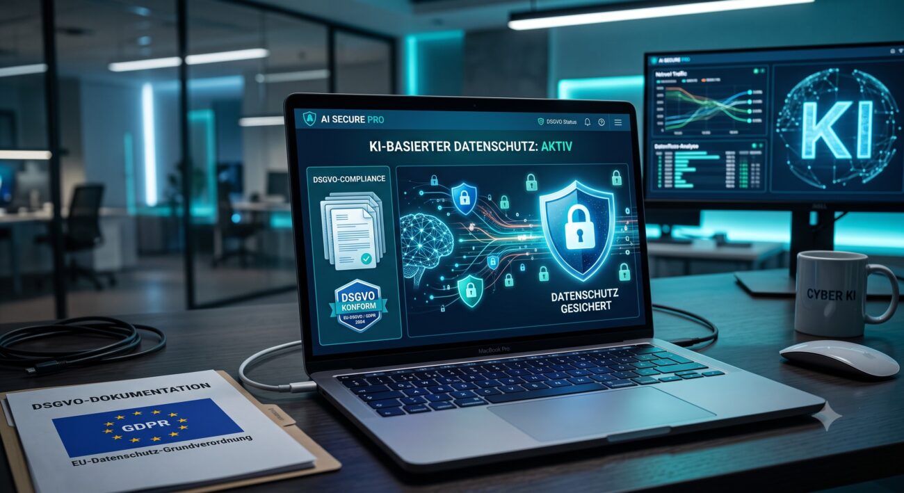 KI und Datenschutz 2026 mit DSGVO-Symbolen, Datenschutzschild und sicherer Datenverarbeitung
