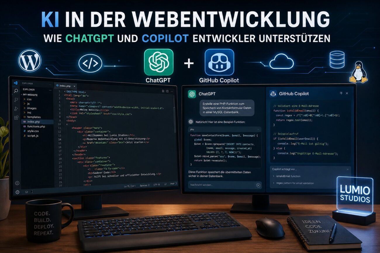 KI in der Webentwicklung mit ChatGPT und GitHub Copilot: Moderner Arbeitsplatz mit Code-Editor, WordPress, Linux, Cloud und KI-Unterstützung für die Softwareentwicklung