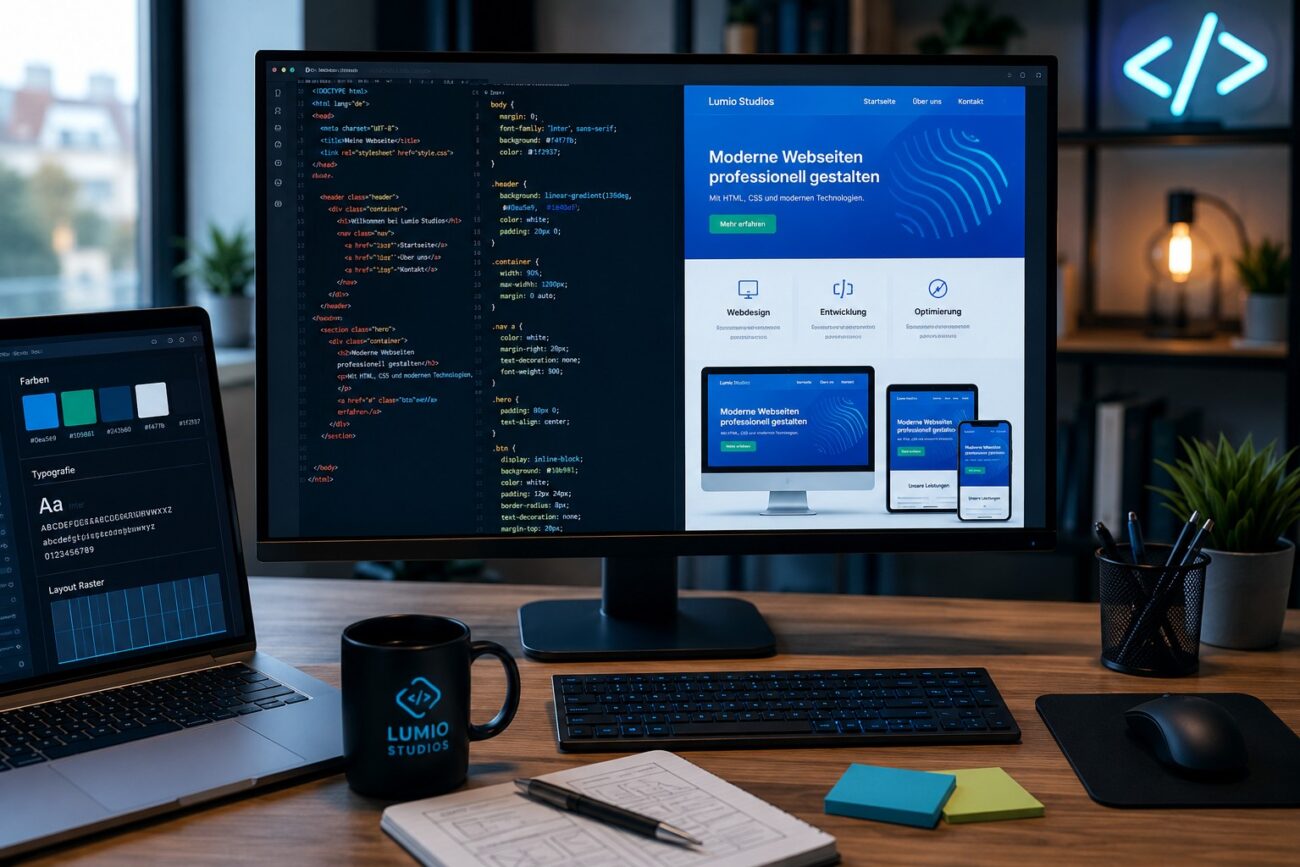 CSS-Code auf modernem Monitor zur professionellen Gestaltung von Webseiten mit HTML und Responsive Design.