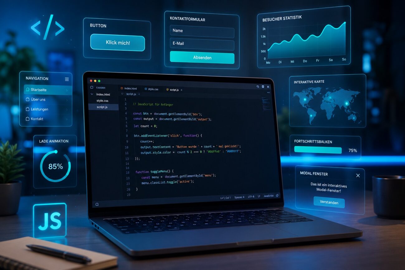JavaScript für Anfänger – moderner Code-Editor mit interaktiven Webelementen auf einem Laptop