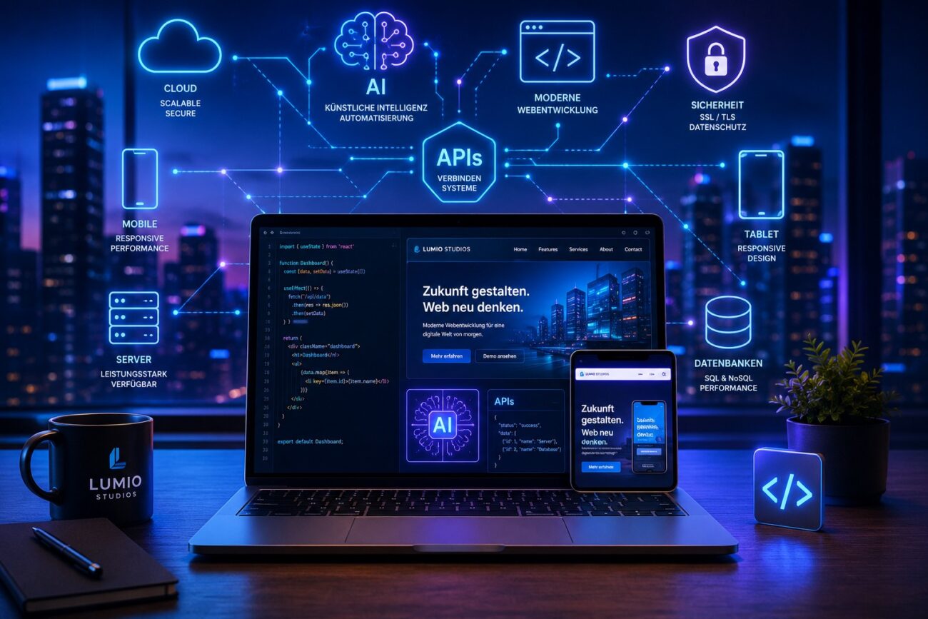 Moderner Entwicklerarbeitsplatz mit KI, Cloud, APIs und Webentwicklungstechnologien für die Zukunft der Webentwicklung 2026.