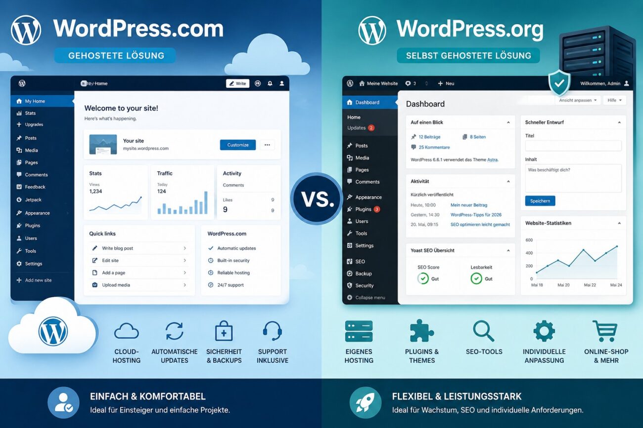 Vergleich zwischen WordPress.com und WordPress.org mit Hosting-, SEO- und Website-Symbolen.