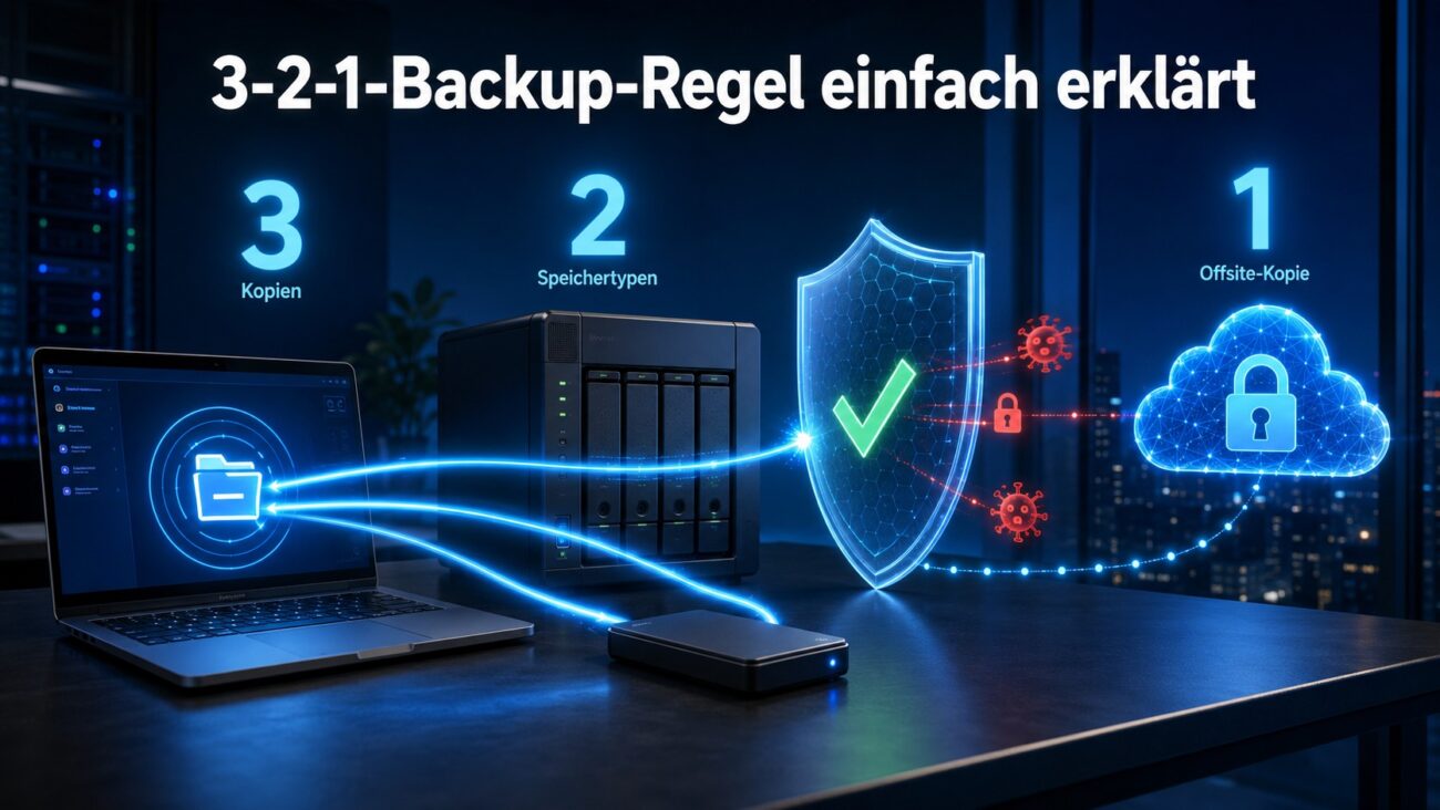 3-2-1-Backup-Regel mit drei Datenkopien auf NAS, externer Festplatte und Cloud-Speicher