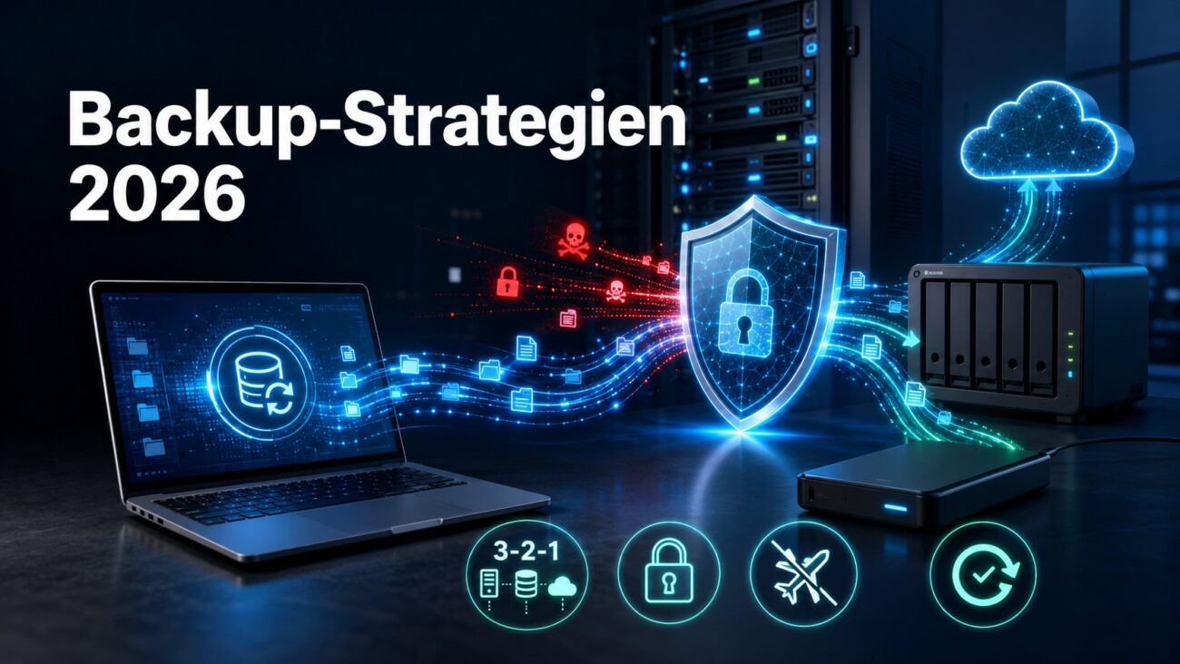 Backup-Strategien für Unternehmen und Privatnutzer mit NAS, Cloud-Speicher, externer Festplatte und Ransomware-Schutz.