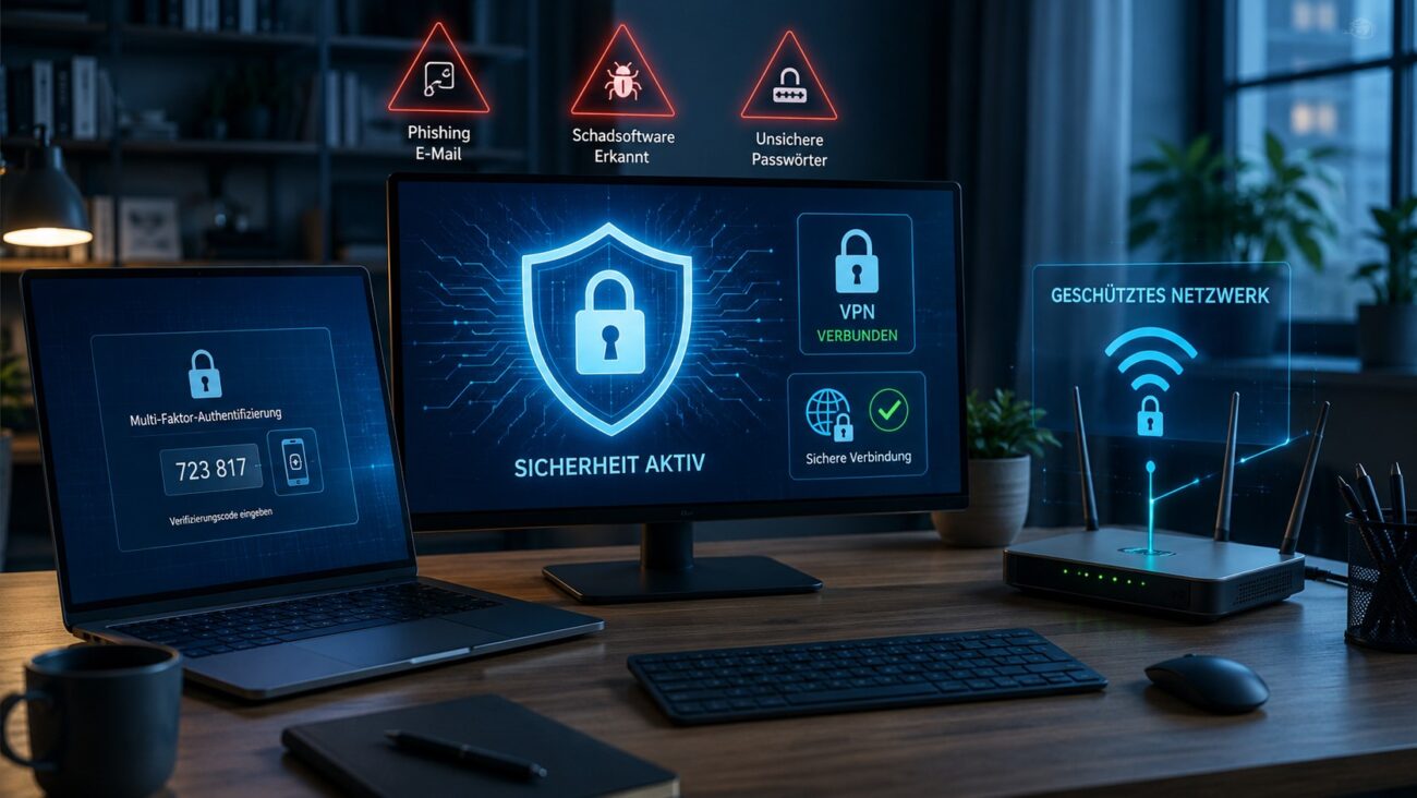 Sicherer Homeoffice-Arbeitsplatz mit Laptop, WLAN-Router, VPN, MFA und Cybersecurity-Symbolen.