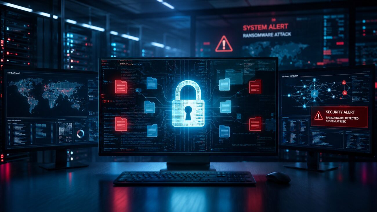 Ransomware-Angriff auf IT-Systeme mit verschlüsselten Dateien und digitalem Sicherheitsschloss