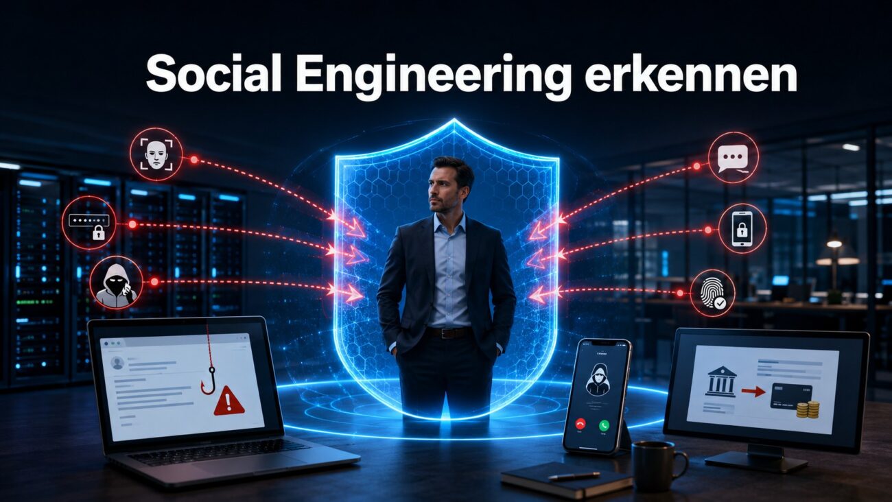 Social Engineering am Arbeitsplatz mit Phishing-Mail, falschem Supportanruf, KI-Deepfake und schützendem Sicherheitsschild.