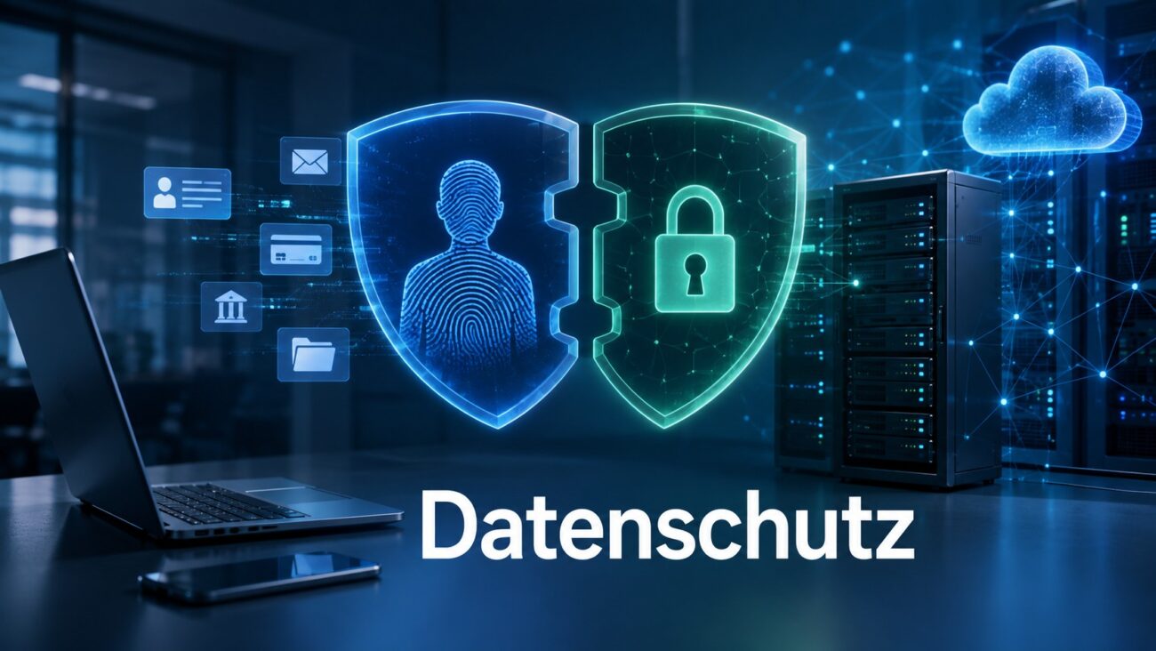 Datenschutz vs. IT-Sicherheit mit geschützten personenbezogenen Daten, Notebook, Server, Cloud und digitalen Schutzschildern.
