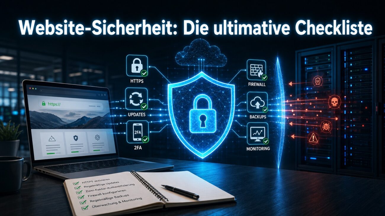 Website-Sicherheit mit Schutzschild, HTTPS, Firewall, 2FA, Updates und Backups an einem modernen Arbeitsplatz.