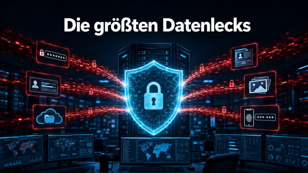 Grafische Darstellung großer Datenlecks mit Servern, gestohlenen Zugangsdaten und einem digitalen Schutzschild.