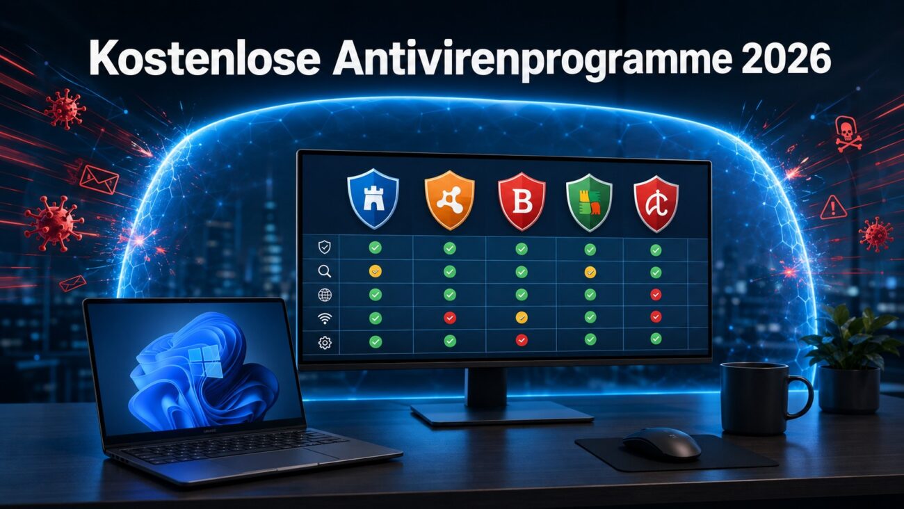 Die besten kostenlosen Antivirenprogramme 2026 auf einem modernen Windows-Arbeitsplatz im Vergleich