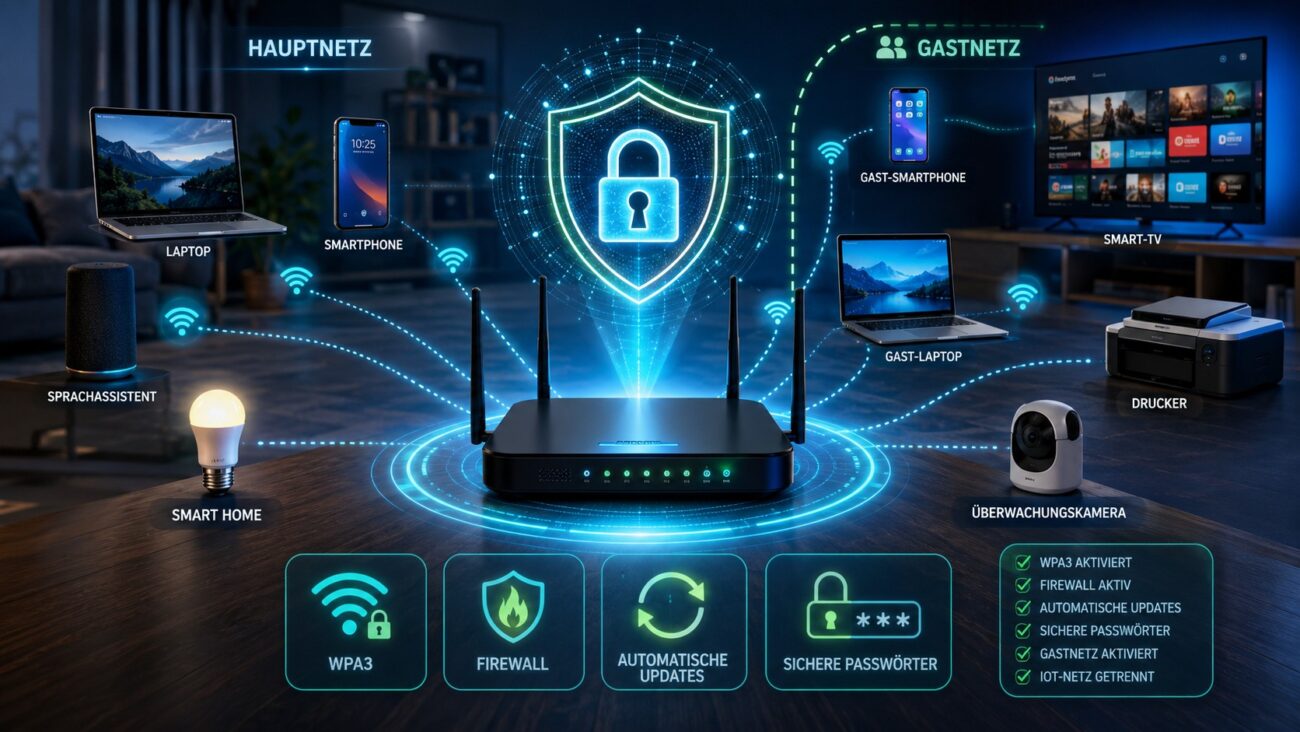 WLAN absichern mit sicherem Router, WPA3, Gastnetz und geschütztem Heimnetzwerk.