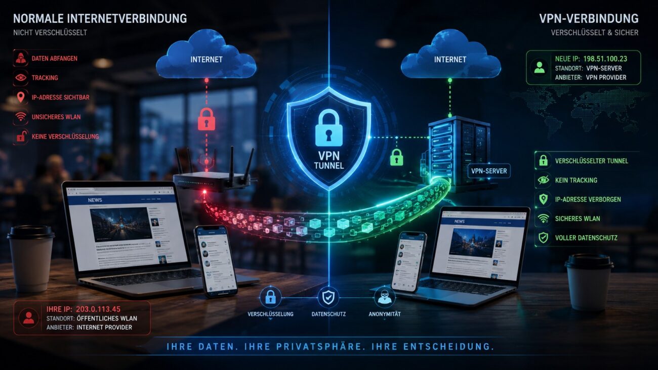 VPN erklärt – verschlüsselte VPN-Verbindung zwischen Laptop, Smartphone und Internetserver