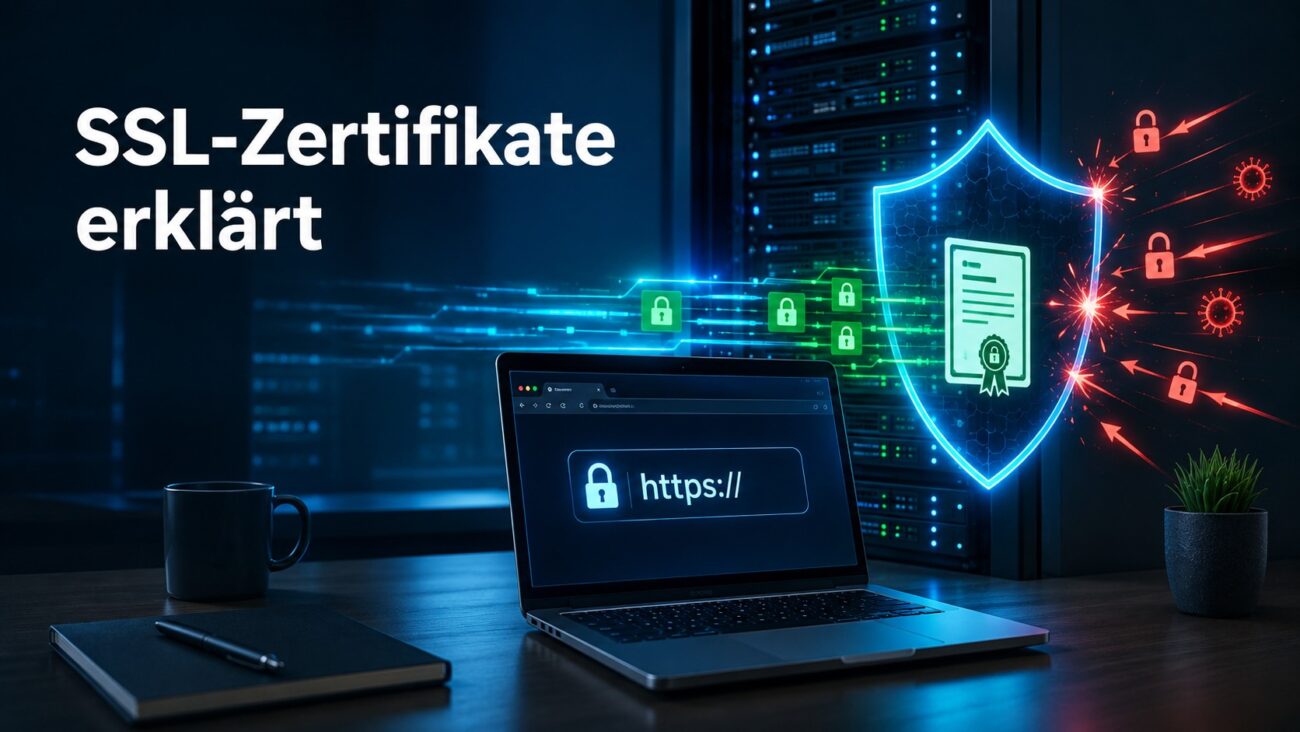 SSL-Zertifikate erklärt – verschlüsselte HTTPS-Verbindung zwischen Browser und Webserver mit digitalem Schutzschild.