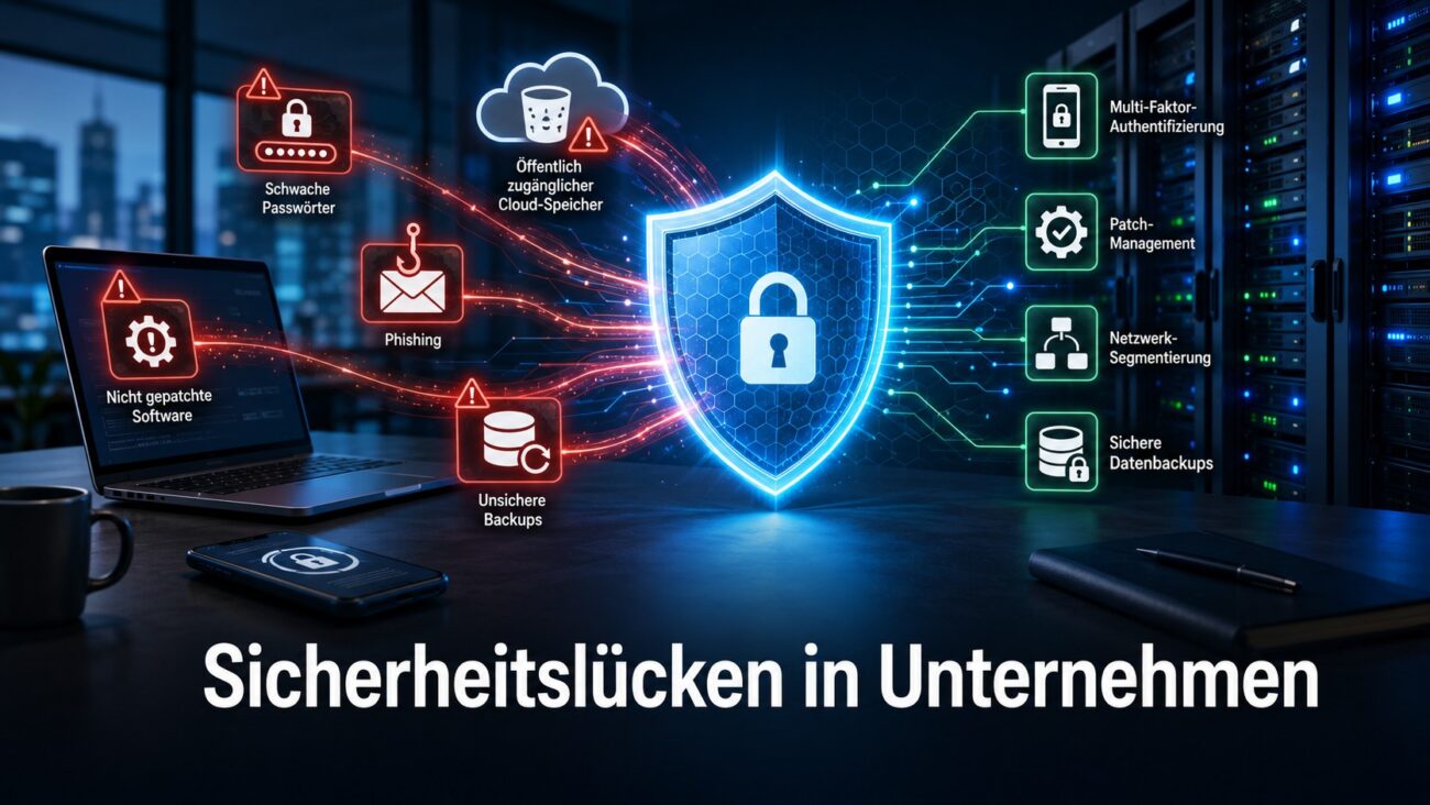Häufigste Sicherheitslücken in Unternehmen mit Warnsymbolen für Phishing, veraltete Software, schwache Passwörter und unsichere Cloud-Dienste.