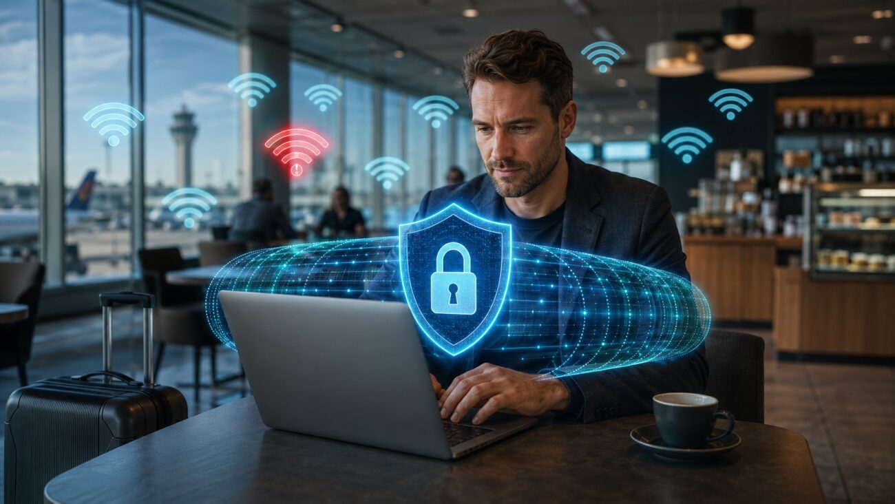 Öffentliches WLAN sicher nutzen mit VPN und geschütztem Notebook in einem Café
