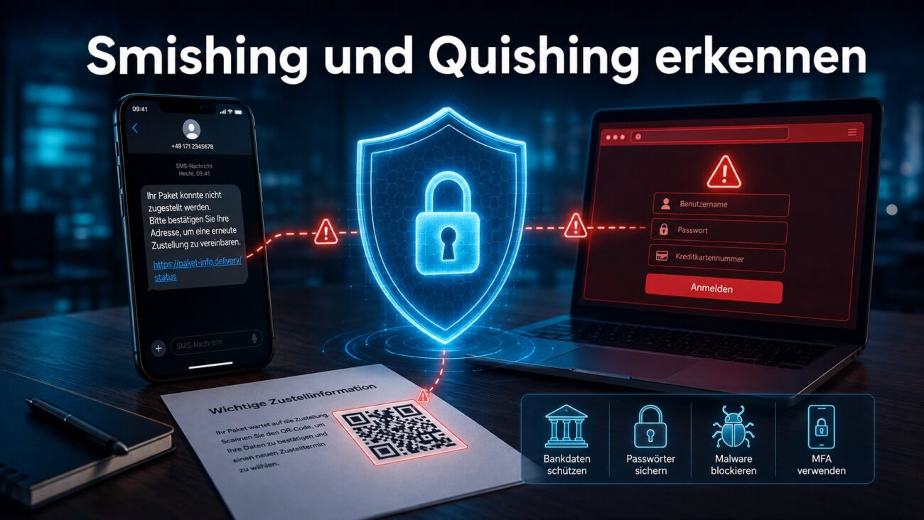 Smartphone mit gefälschter SMS und manipulierter QR-Code werden durch ein digitales Schutzschild blockiert.