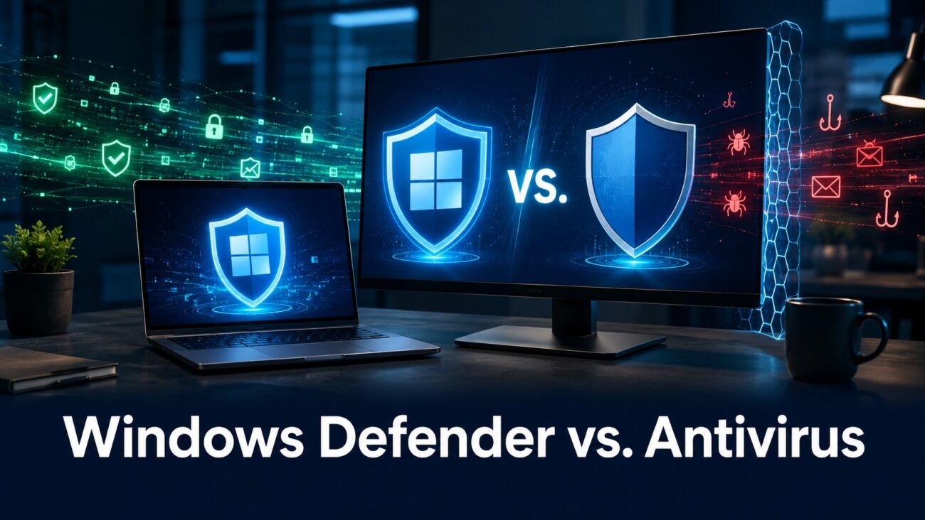 Microsoft Defender und zusätzliches Antivirenprogramm im Vergleich auf einem geschützten Windows-11-Computer.