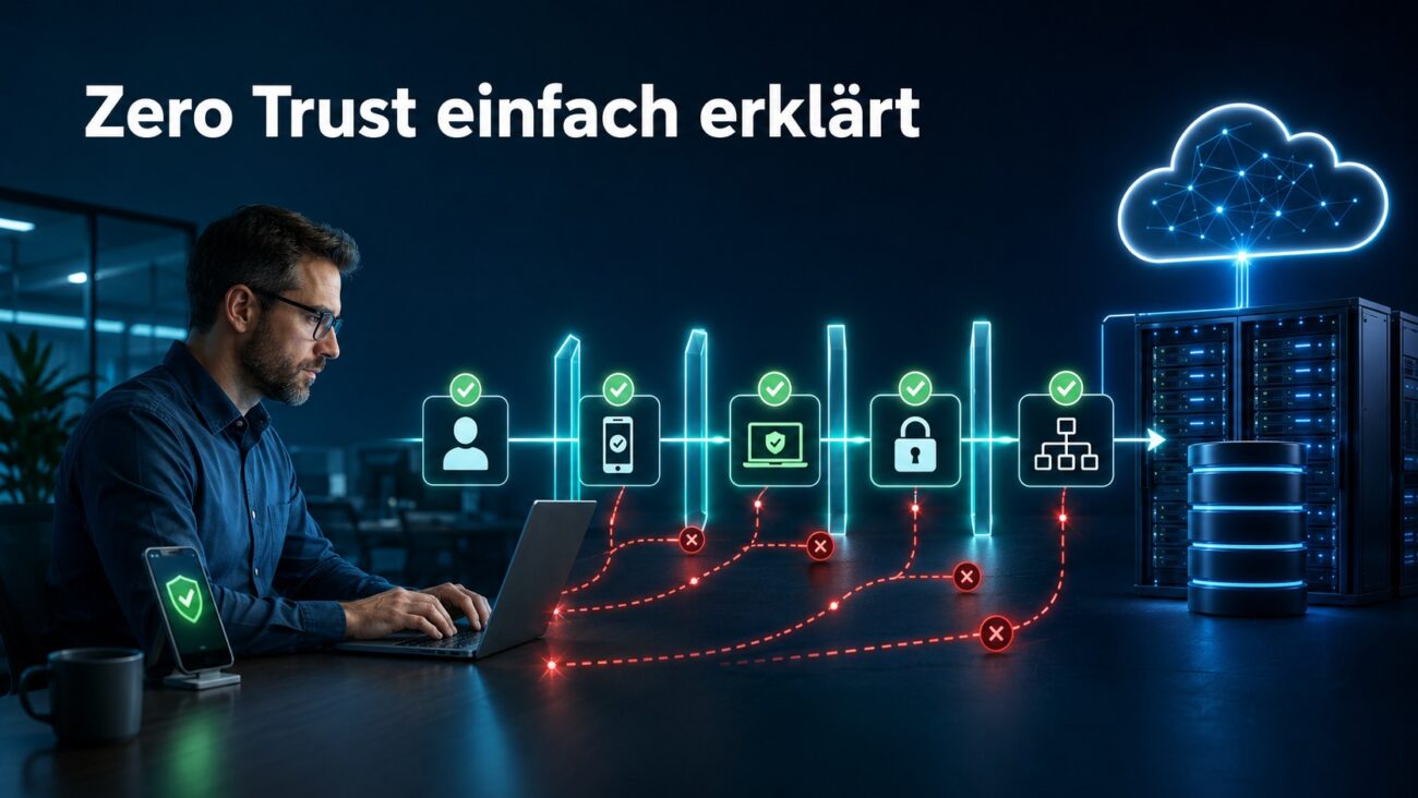 Zero Trust einfach erklärt mit Benutzer, Gerät, Cloud und geschützten Serverzugriffen