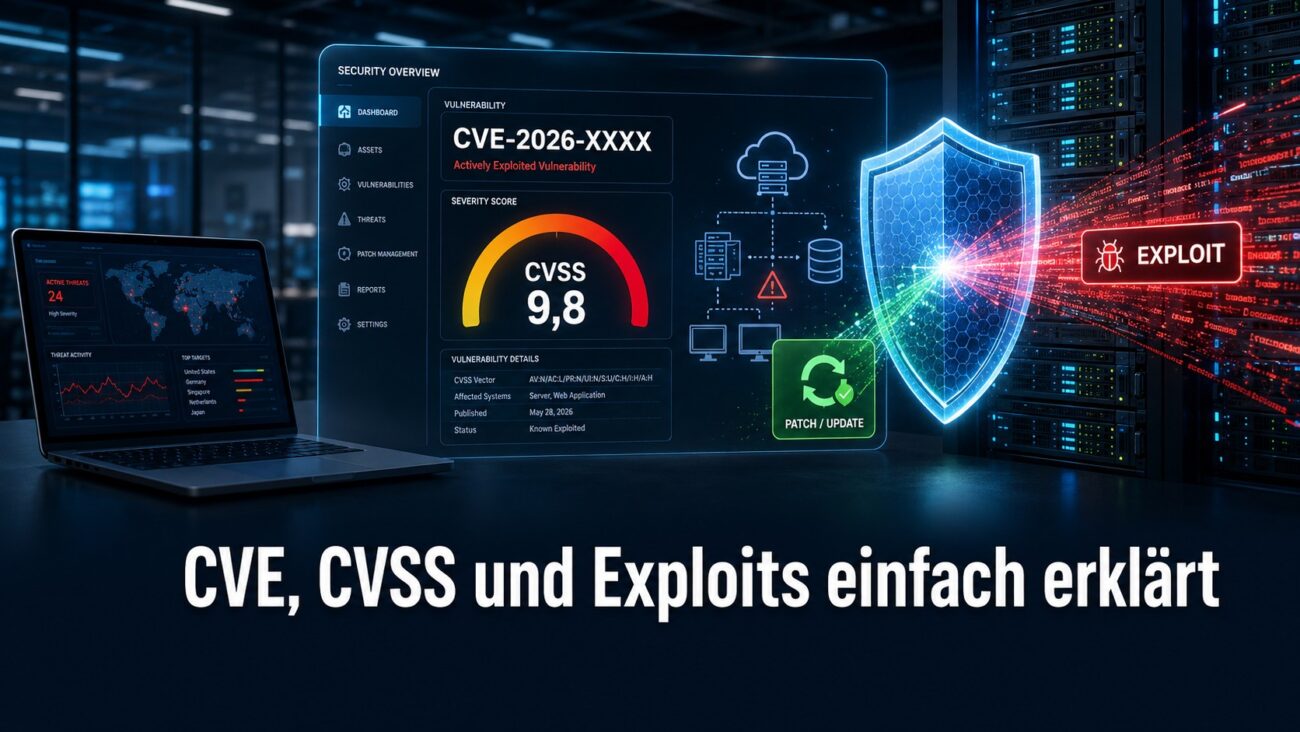 CVE, CVSS und Exploits einfach erklärt mit Sicherheits-Dashboard, CVSS-Bewertung, Exploit-Warnung und digitalem Schutzschild.