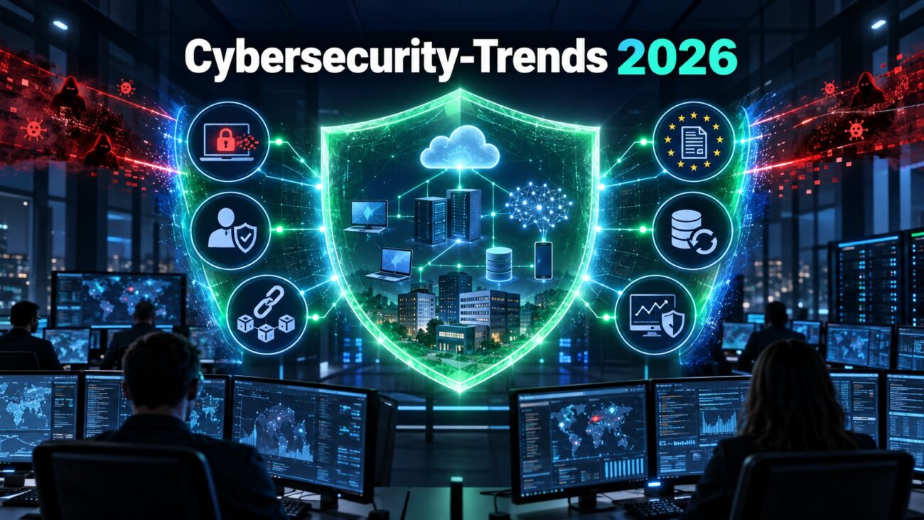 Cybersecurity-Trends 2026 mit KI-Sicherheit, Ransomware-Schutz, Cloud-Systemen, Identitätsschutz und Security Monitoring.