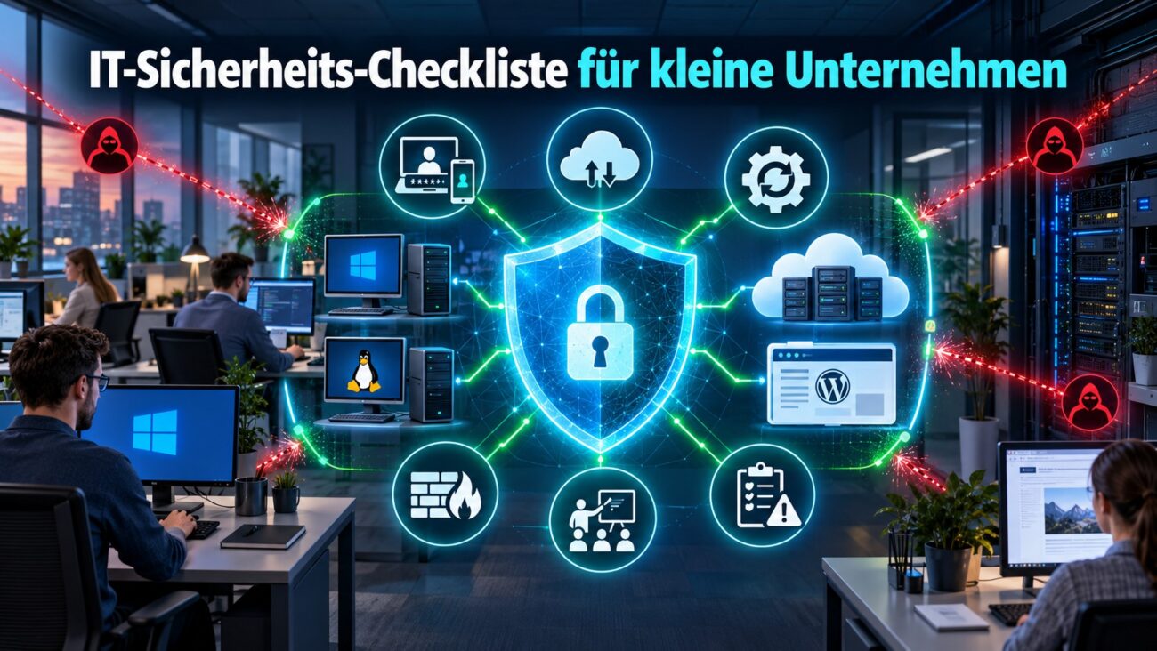 IT-Sicherheits-Checkliste für kleine Unternehmen mit MFA, Backup, Updates, Firewall und geschützter Cloud-Infrastruktur