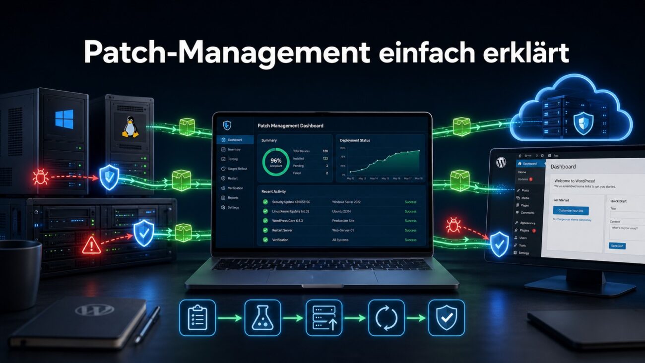 Patch-Management-Dashboard verteilt Sicherheitsupdates an Windows-, Linux-, Cloud- und WordPress-Systeme.