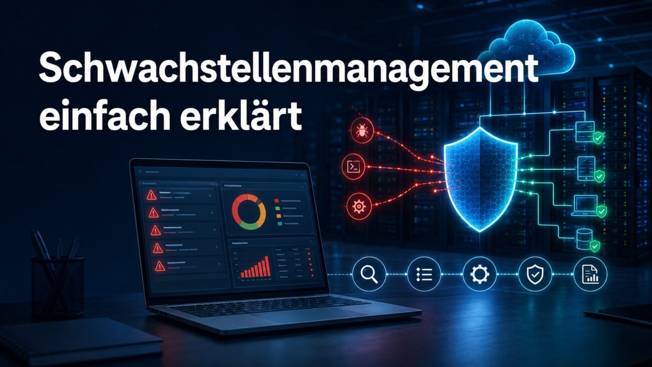 Schwachstellenmanagement mit Sicherheits-Dashboard, Servern, Cloud, Schwachstellenscan und priorisierten Sicherheitslücken.