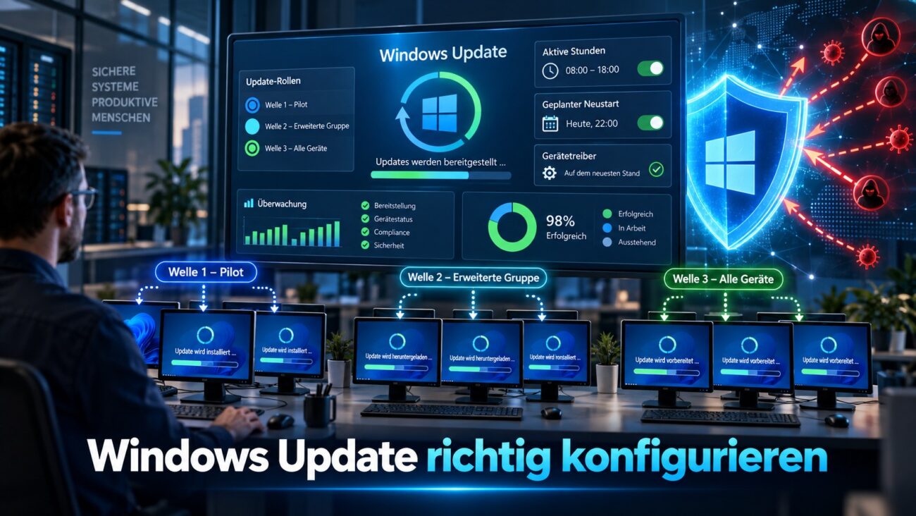 Windows Update richtig konfigurieren mit Aktivitätszeiten, Neustartplanung, Update-Ringen und geschützten Windows-11-PCs.