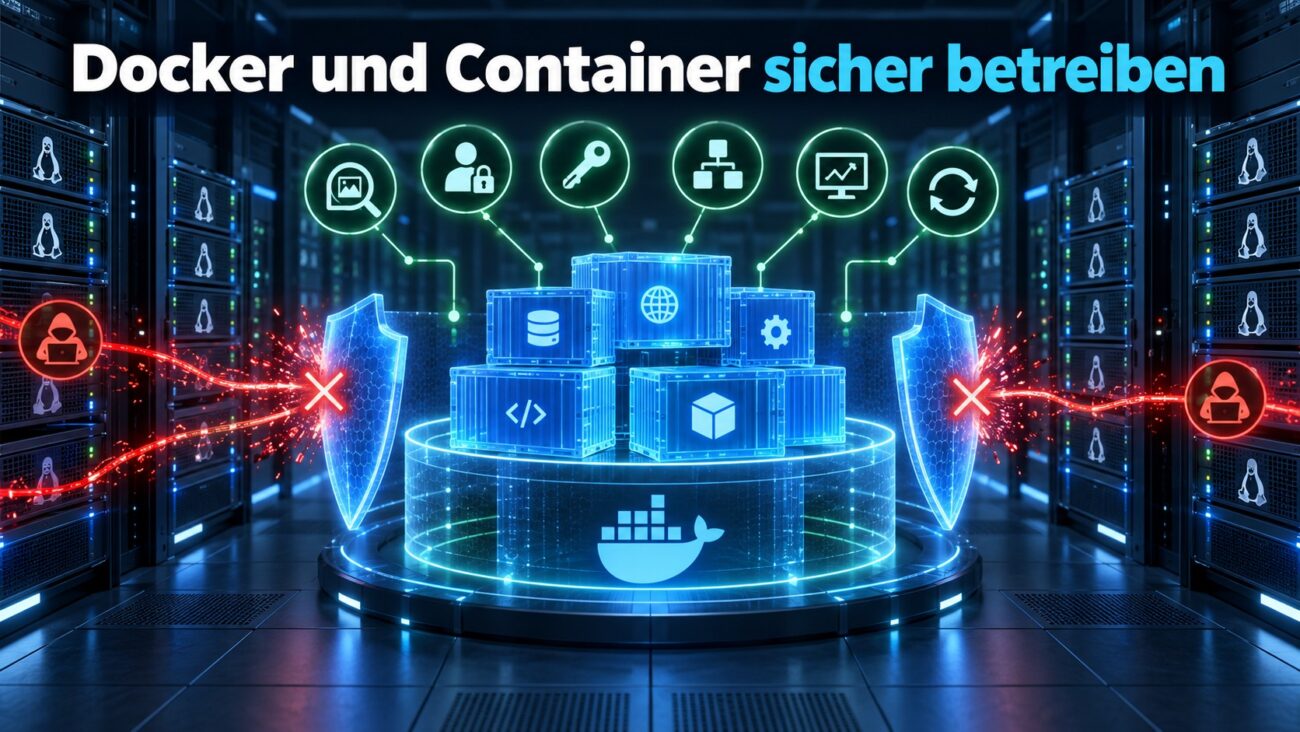 Docker und Container sicher betreiben mit geschützten Images, eingeschränkten Benutzerrechten, Netzwerksegmentierung, Secrets und Monitoring.