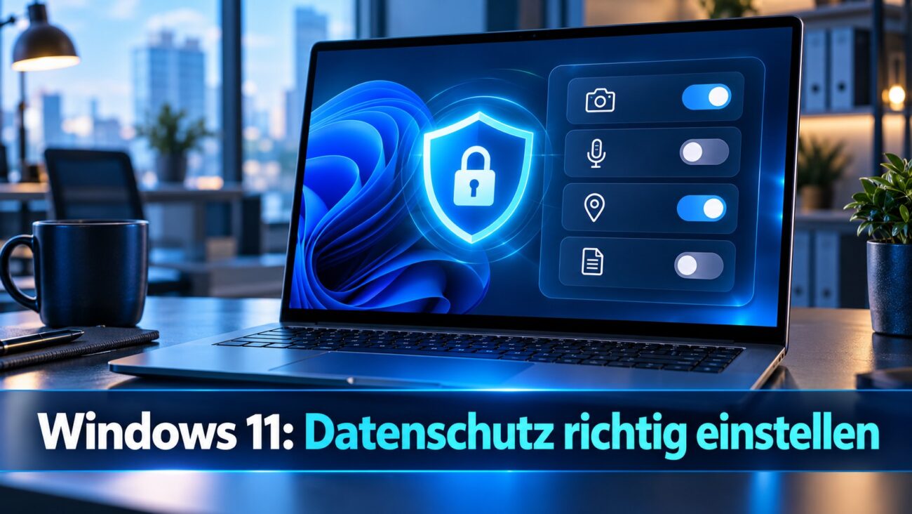 Windows-11-Laptop mit Datenschutzeinstellungen für Kamera, Mikrofon, Standort und App-Zugriff.
