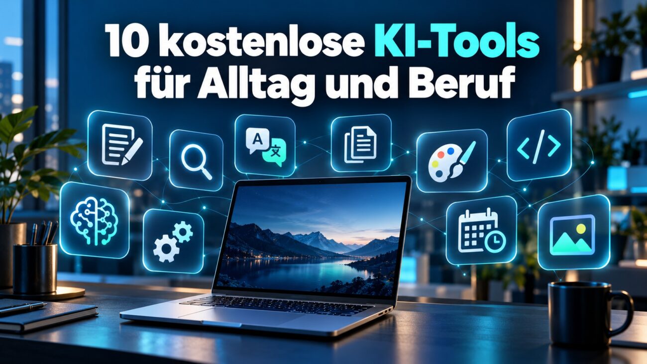 „Laptop mit Symbolen für kostenlose KI-Tools zum Schreiben, Recherchieren, Übersetzen, Gestalten und Programmieren“