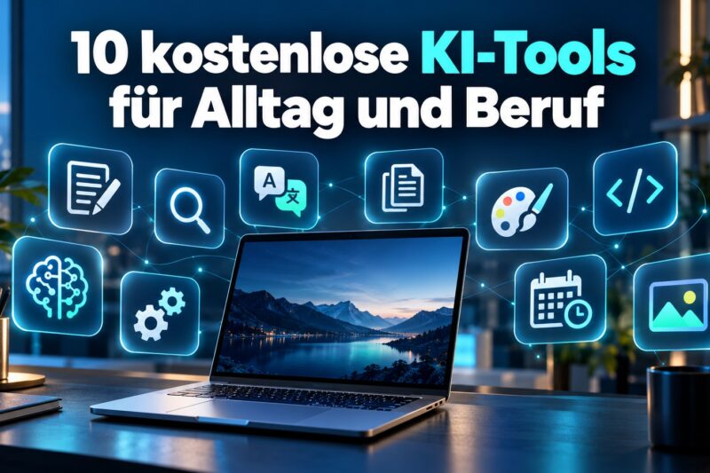 „Laptop mit Symbolen für kostenlose KI-Tools zum Schreiben, Recherchieren, Übersetzen, Gestalten und Programmieren“