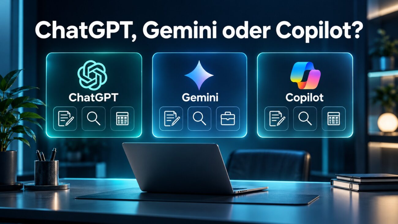 ChatGPT, Gemini und Copilot im Vergleich mit Symbolen für Texte, Recherche und Büroarbeit