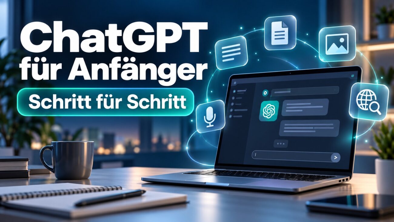 Laptop mit Chatoberfläche und Symbolen für Text, Dateien, Bilder, Sprache und Websuche