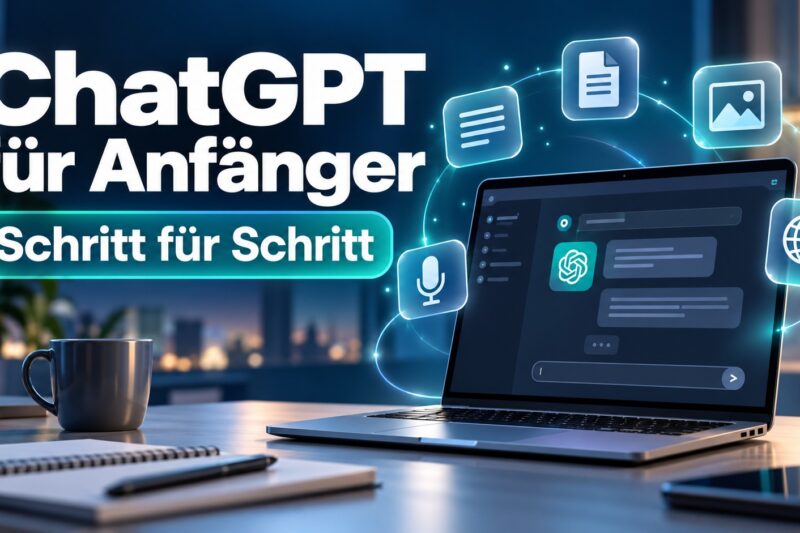 Laptop mit Chatoberfläche und Symbolen für Text, Dateien, Bilder, Sprache und Websuche