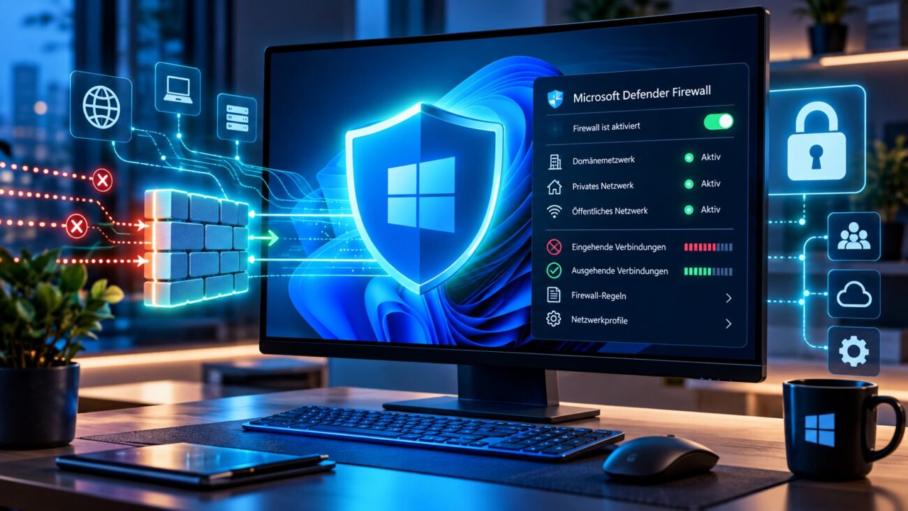 Windows 11 mit aktivierter Microsoft Defender Firewall, digitalem Schutzschild und sicheren Netzwerkverbindungen