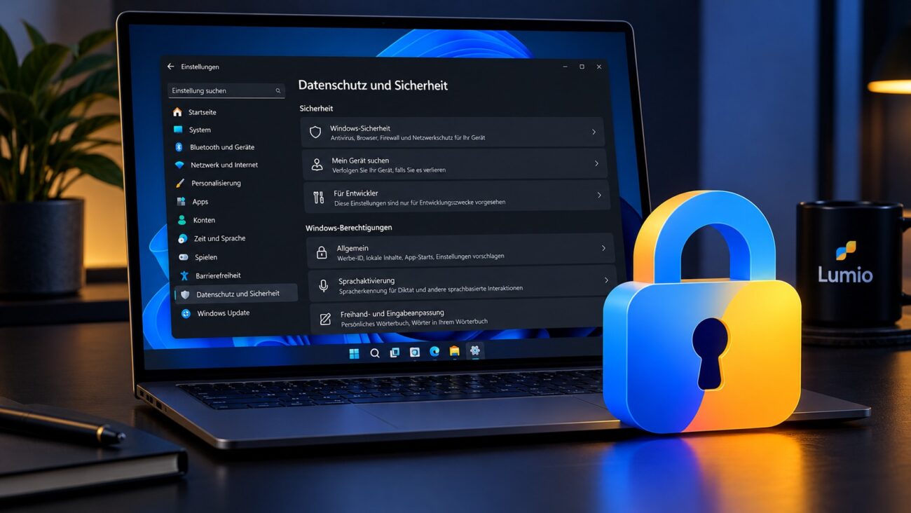 Windows 11 Datenschutz-Einstellungen auf einem Laptop mit Schloss-Symbol für mehr Privatsphäre