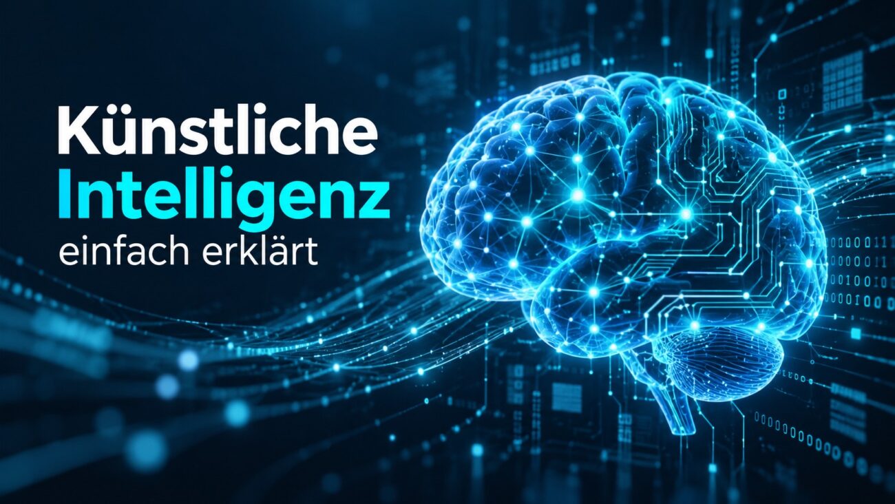 Künstliche Intelligenz einfach erklärt – digitales Gehirn mit neuronalen Netzwerken, Schaltkreisen und Datenverbindungen.
