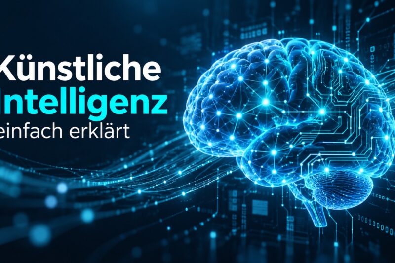 Künstliche Intelligenz einfach erklärt – digitales Gehirn mit neuronalen Netzwerken, Schaltkreisen und Datenverbindungen.