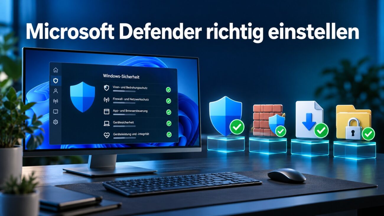 Microsoft Defender richtig einstellen: Windows-11-PC mit Symbolen für Virenschutz, Firewall und geschützte Dateien