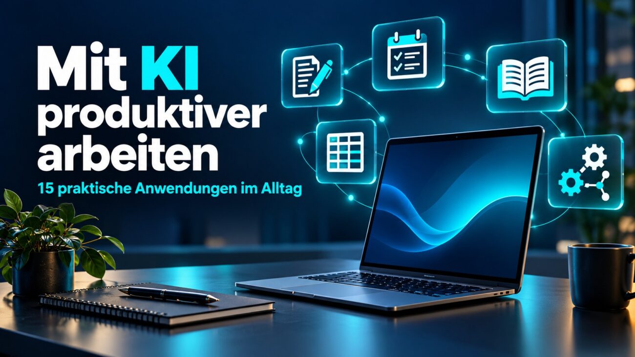 Laptop mit KI-Assistent und Symbolen für Schreiben, Planung, Lernen und Automatisierung
