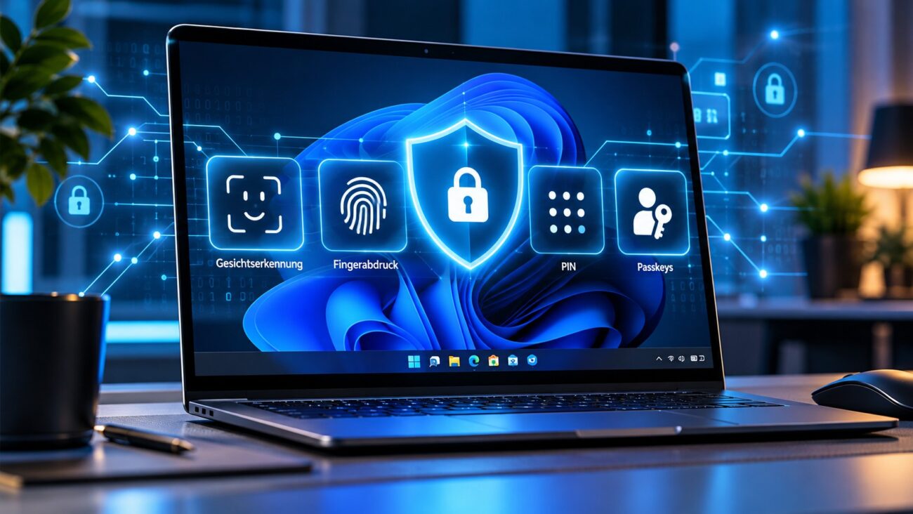 Windows Hello, PIN und Passkeys unter Windows 11 mit Fingerabdruck, Gesichtserkennung und Sicherheitssymbol